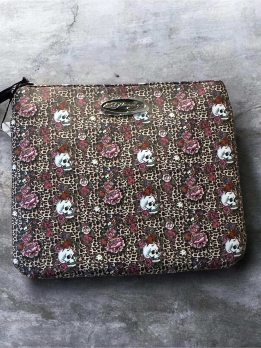 Ed Hardy Leopard Skull Floral wristlet in Brown Pink